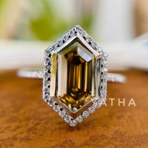 Hexagon Moissanite Champagne Color Halo Unique 2.89 CT Engagement Ring, 14K Yellow Gold Ring, Delicate Wedding Ring Christmas gift