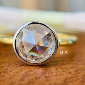 Rose cut Colorless Moissanite Bezel set two tone Solid Gold Ring | 6.5 MM flat cut | womens gift | mothers gift | Engagement jewelry